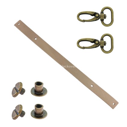 Sada kožený popruh 32 cm š. 2 cm bílá káva s karabinou staromosaz