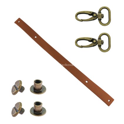 Sada kožený popruh 32 cm š. 2 cm hnědý s karabinou staromosaz