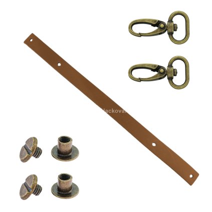 Sada kožený popruh 32 cm š. 2 cm tmavě hnědý s karabinou staromosaz