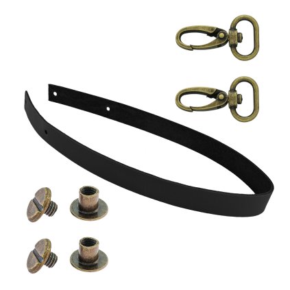 Sada kožený popruh 58 cm š. 2,5 cm černý s karabinou staromosaz