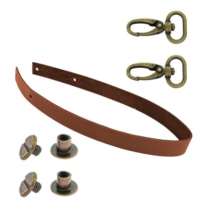 Sada kožený popruh 58 cm š.2,5 cm hnědý s karabinou staromosaz