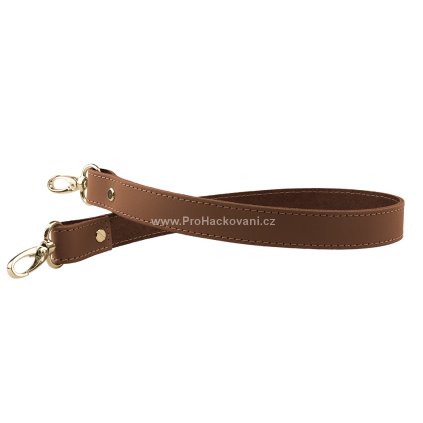 Sada kožený popruh prošívaný 58 cm š.2,5 cm hnědý s karabinou zlatá
