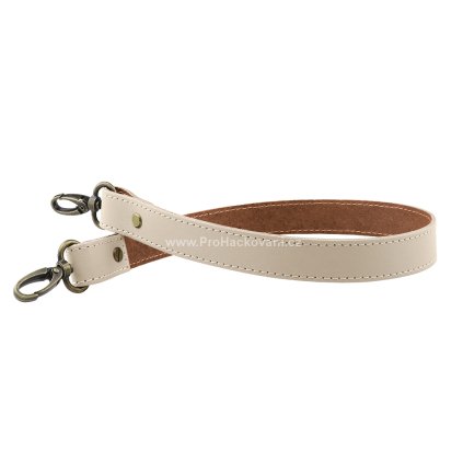 Sada kožený popruh prošívaný 58 cm š. 2,5 cm krémový s karabinou staromosaz