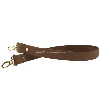 Sada kožený popruh 62 cm š. 2 cm tmavě hnědý s karabinou zlatá