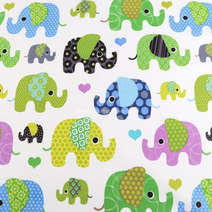 Bavlněná látka sloni v modré a zelené