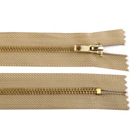 Kovový mosazný zip nedělitelný 14 cm béžový
