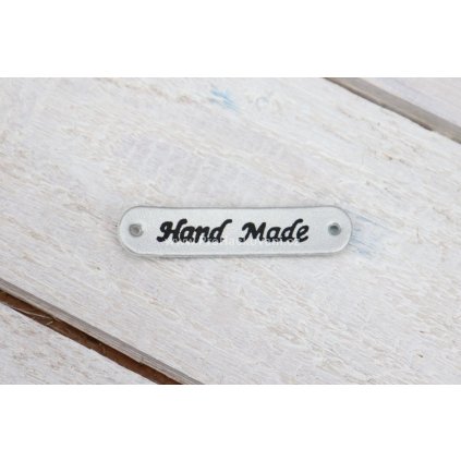 Hand Made, oválná koženková cedulka stříbrná 10x48 mm