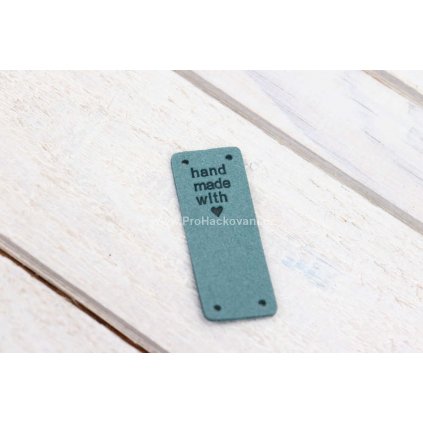 Hand Made koženková cedulka - přes okraj - se srdíčkem 20x50 mm světlý petrol