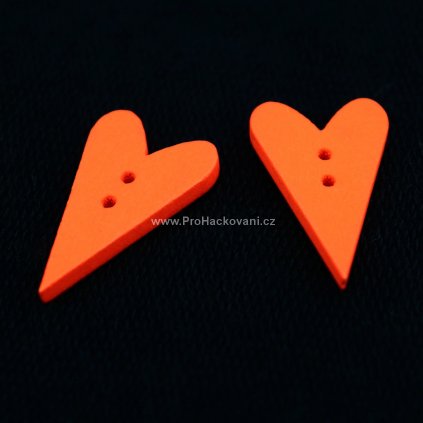 Knoflík srdce, dřevěný 25x15 mm oranžový