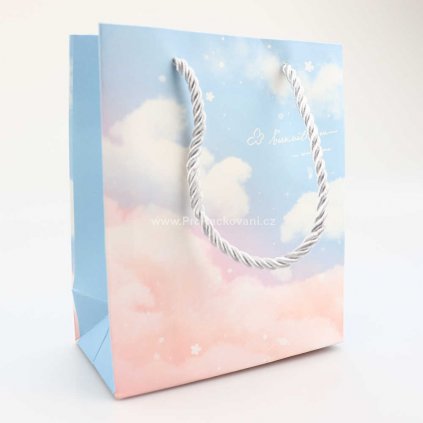 Papírová taška s obláčky 14x7x17 růžová, modrá