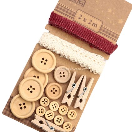 Krajková stuha s knoflíky a kolíky - přírodní, červená