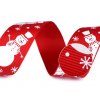 Vánoční rypsová stuha 25 mm červená se sněhuláky