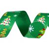 Vánoční rypsová stuha s potiskem šíře 25 mm zelená s vánočními stromečky