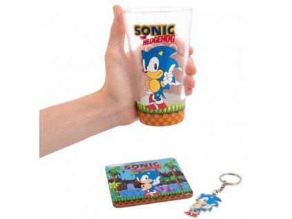 Merch Dárkový set Sonic Klíčenka,sklenice a podtácek