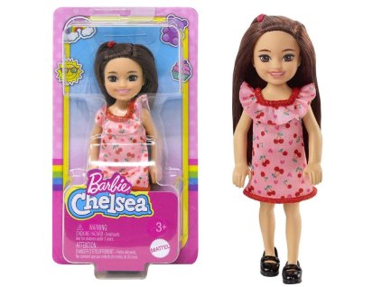 Toys Barbie Club Chelsea Mini Girl Doll Brunette Wearing Ruffled CherryPrint Dress And Black Shoes