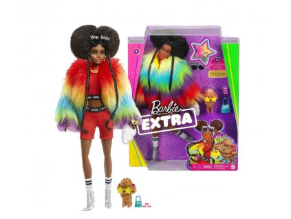 Barbie Extra s afro a duhovým kabátem