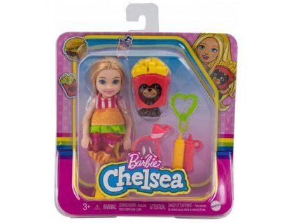 Barbie Chelsea v kostýmu Hamburger s pejskem