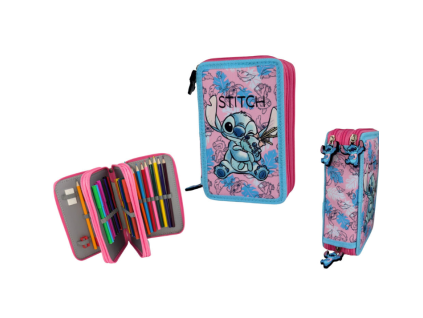 Třípatrový penál Disney Stitch s výbavou modrorůžový
