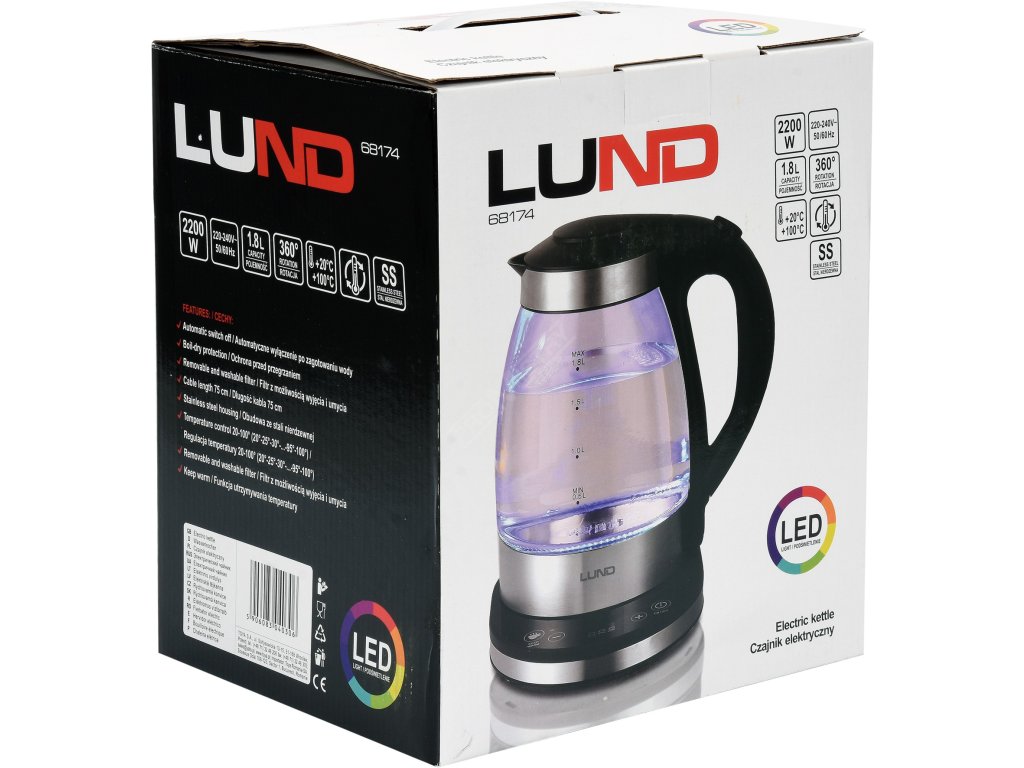 Varná konvice skleněná s nastavitelnou teplotou LED 1,8L LUND TO-68174 + Dárek, servis bez starostí v hodnotě 300Kč