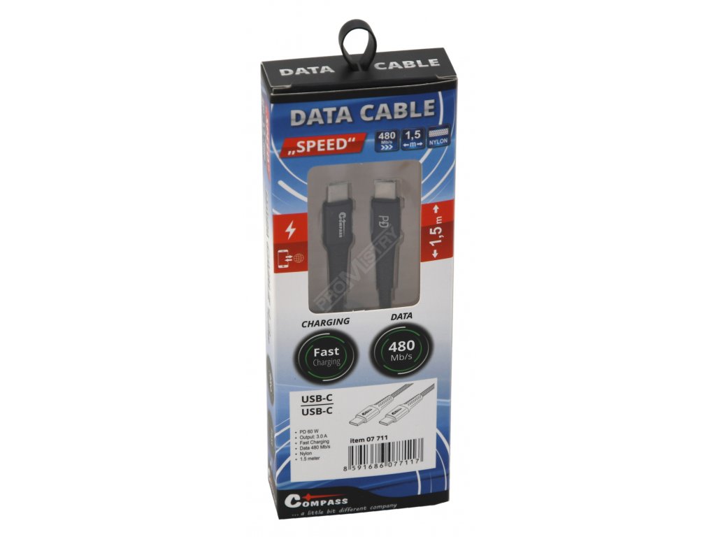 Datový a nabíjecí kabel SPEED USB-C / USB-C 480 Mb/s 1,5m Compass 07711