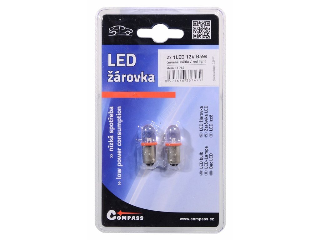 Žárovka 1LED 12V Ba9s červená 2ks Compass 33747