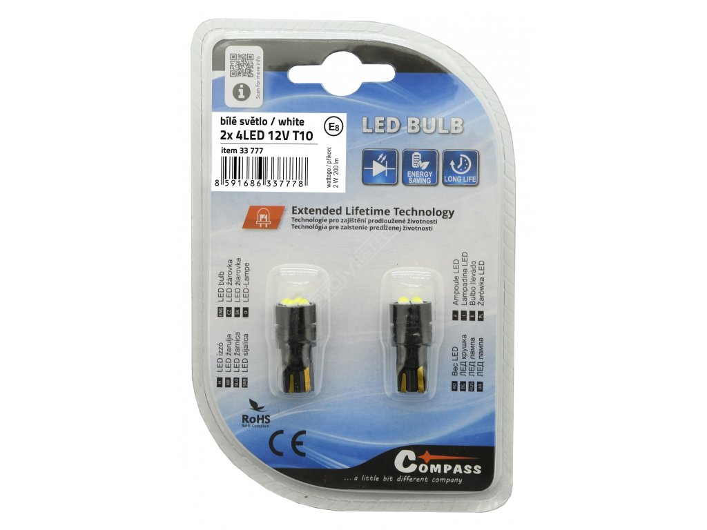 Žárovka 4LED 3030 12V T10 bílá 2ks Compass 33777