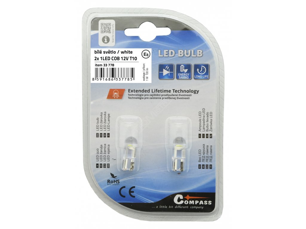 Žárovka 1LED COB 12V T10 bílá 2ks Compass 33778