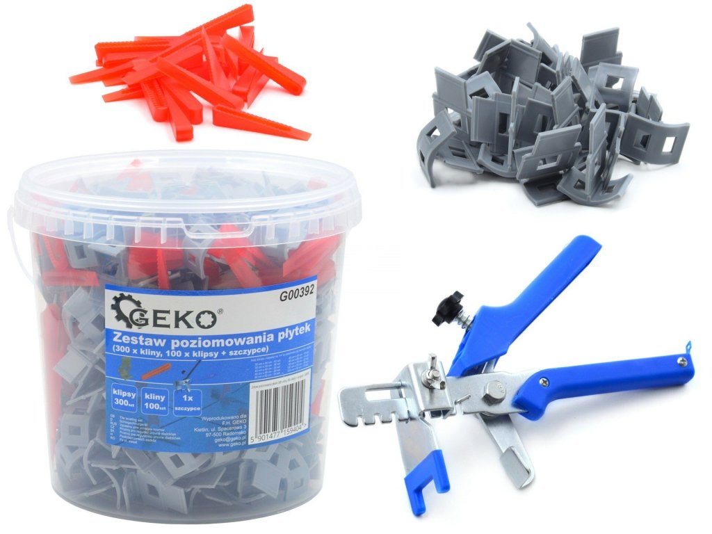 Sada nástrojů pro vyrovnávání obkladů (300x spony, 100x klíny, 1x kleště) GEKO GEKO nářadí G00392