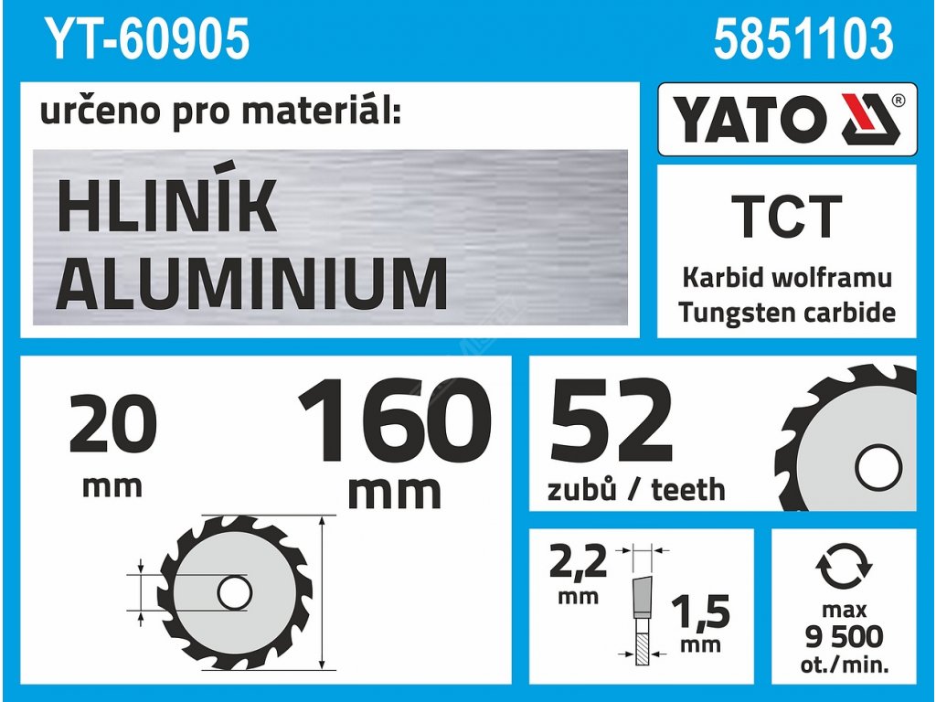 Kotouč na hliník 160 x 20 mm 52z Yato YT-60905