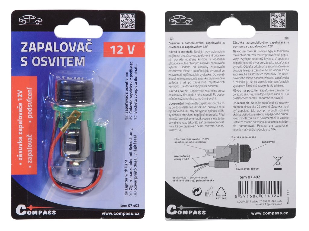 Zapalovač 12V s osvitem EURO Compass 07402