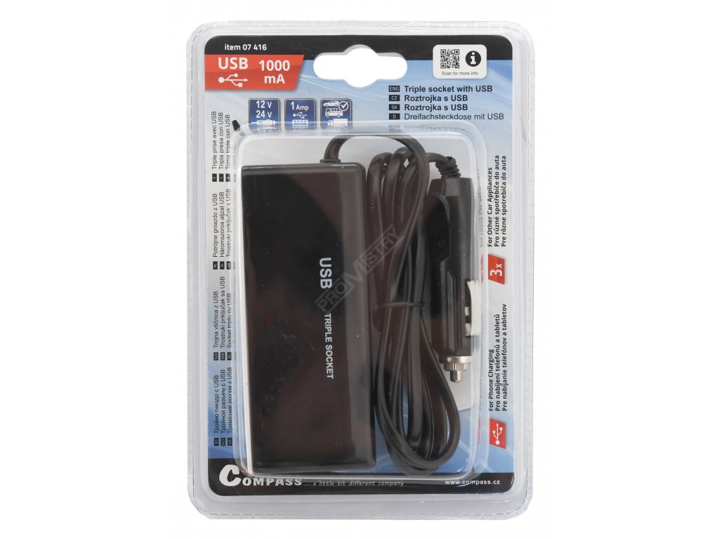 Roztrojka 12/24V + USB 1000mA Compass 07416