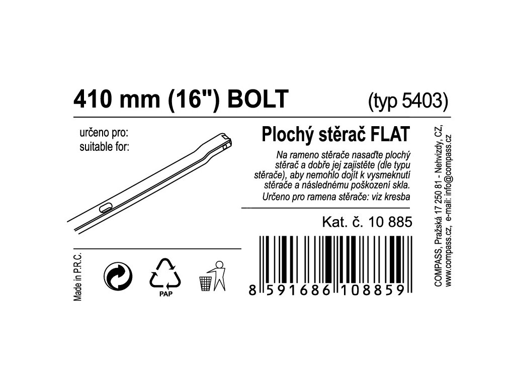 Stěrač FLAT BULK (BOLT) 16"/410mm Compass 10885