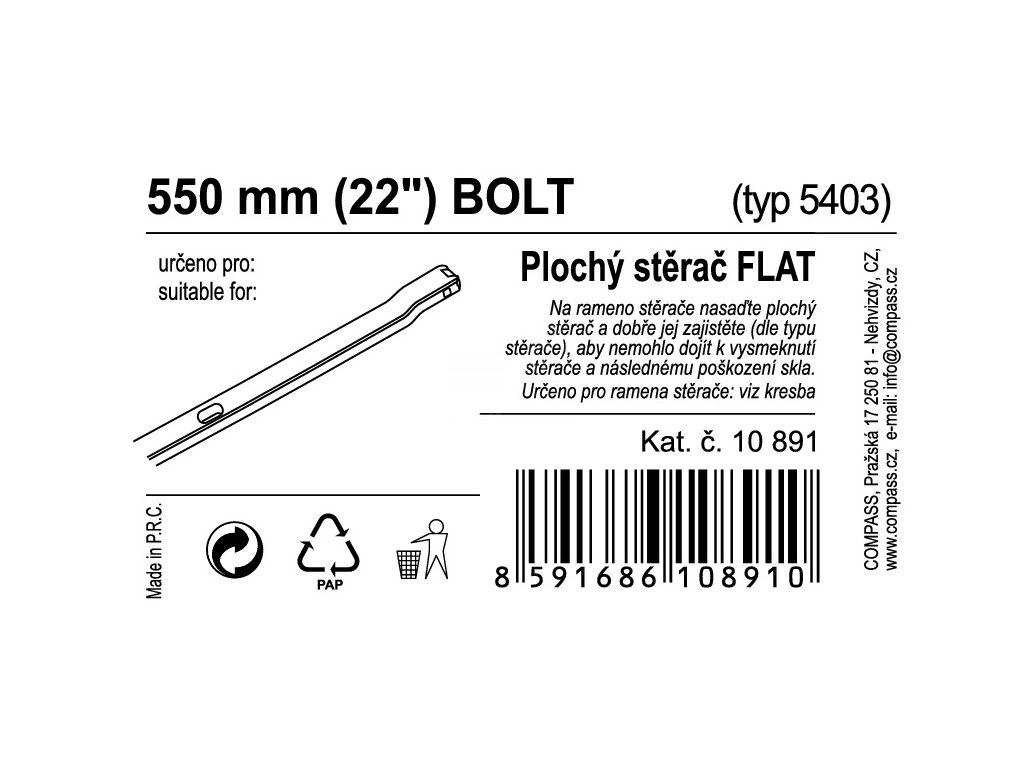 Stěrač FLAT BULK (BOLT) 22"/550mm Compass 10891