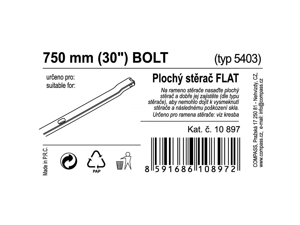 Stěrač FLAT BULK (BOLT) 30"/750mm Compass 10897