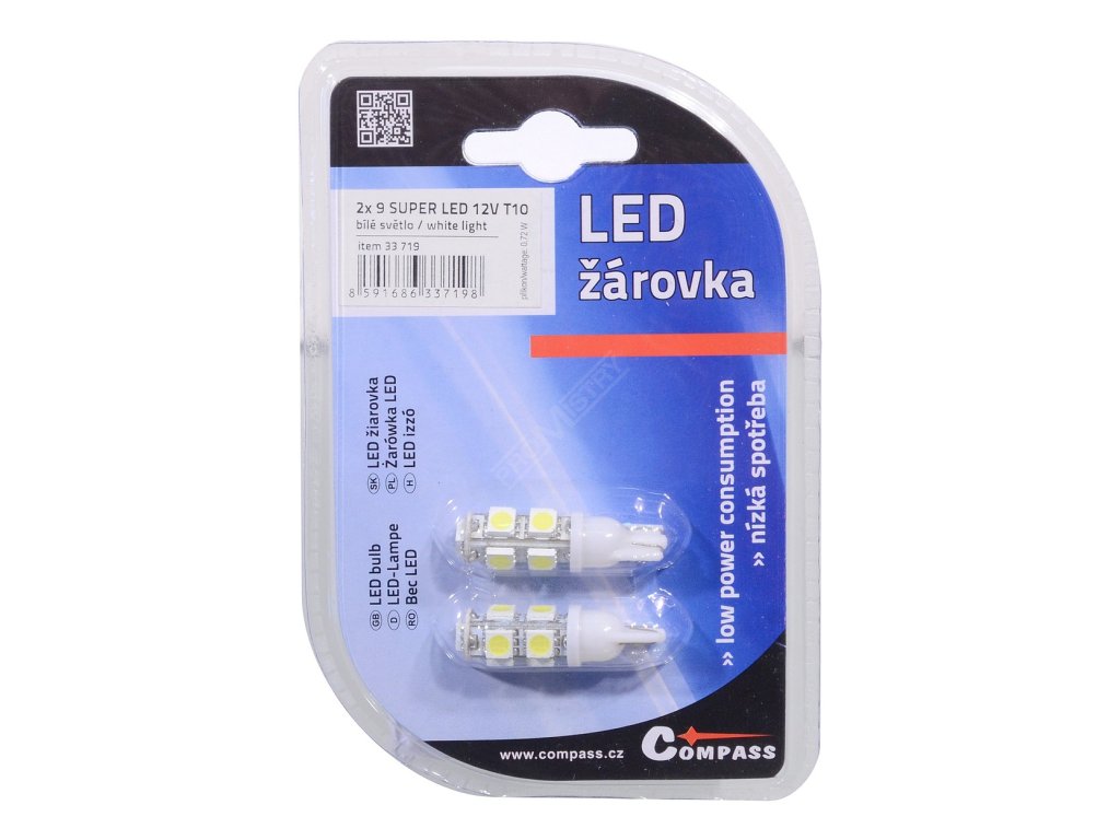 Žárovka 9 SUPER LED 12V T10 bílá 2ks Compass 33719