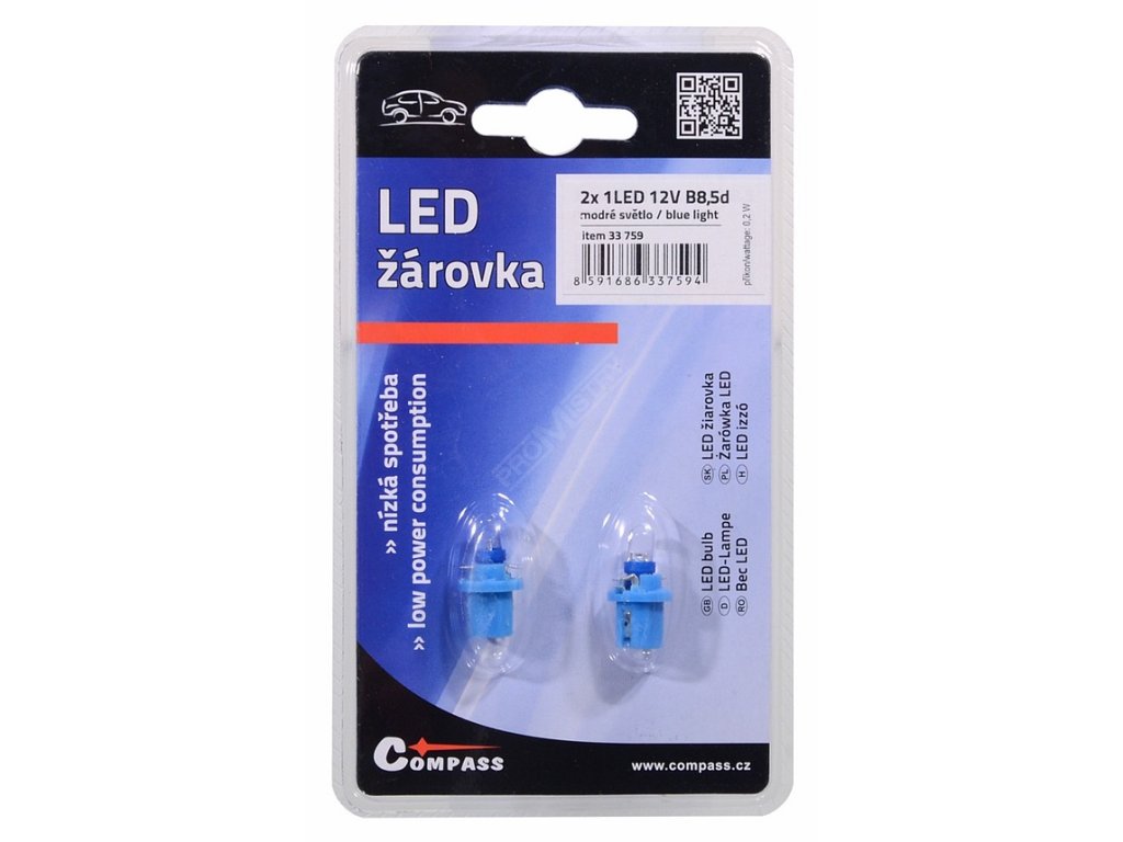 Žárovka 1LED 12V B8,5d modrá 2ks Compass 33759