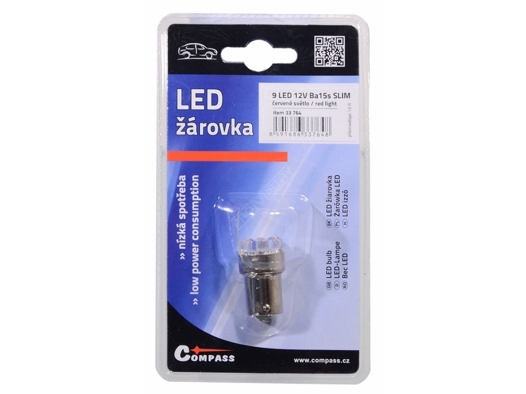 Žárovka 9LED 12V Ba15s červená úzká Compass 33764