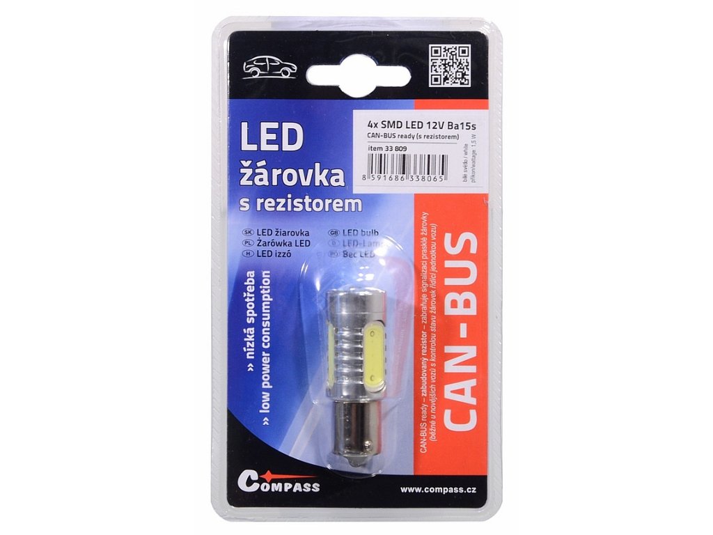 Žárovka 4 SMD LED 12V Ba15S s rezistorem CAN-BUS ready bílá Compass 33809
