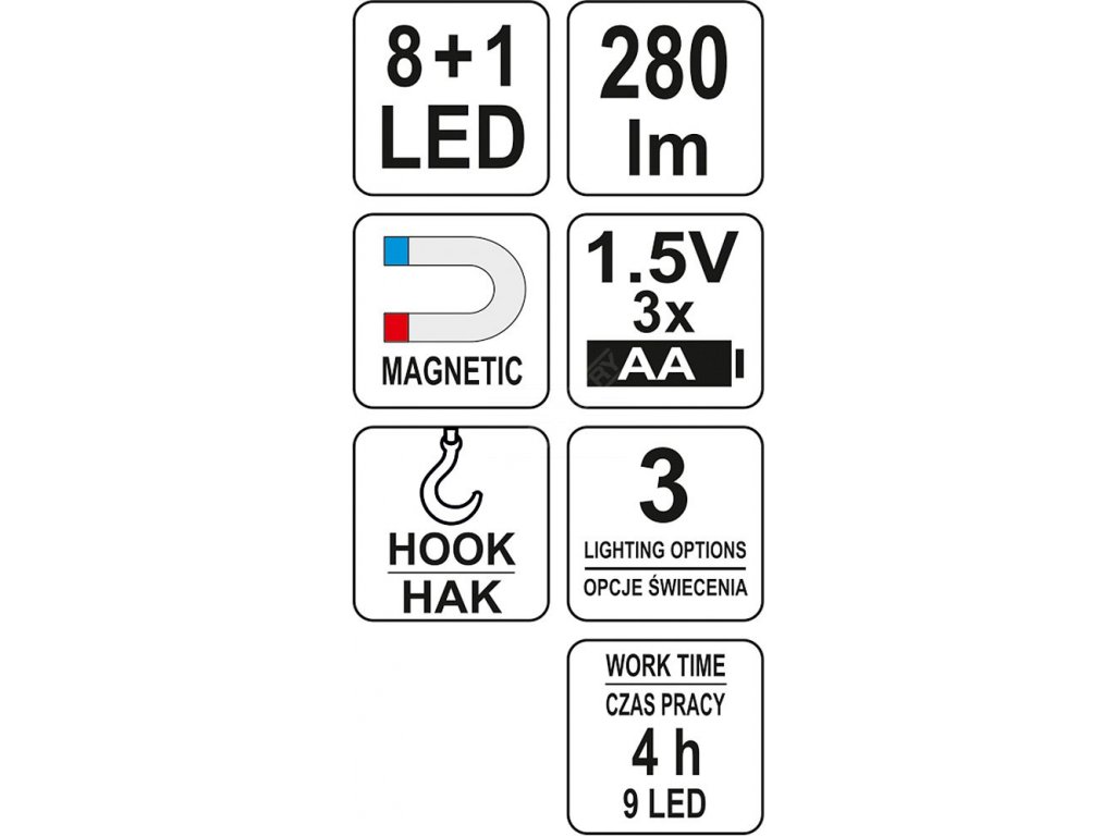 Lampa montážní 8+1 LED, nastavitelný hák a magnet Yato YT-08513
