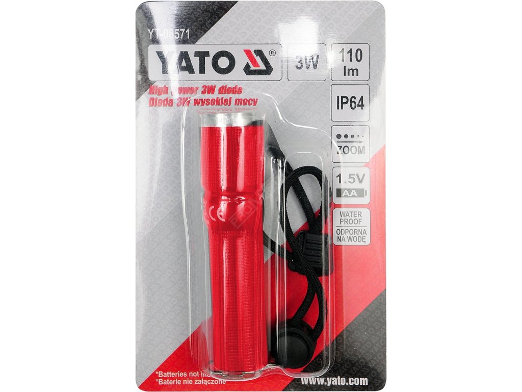Svítilna kapesní voděodolná IP64, fce ZOOM, 110lm, 1xAA, 100x25mm Yato YT-08571