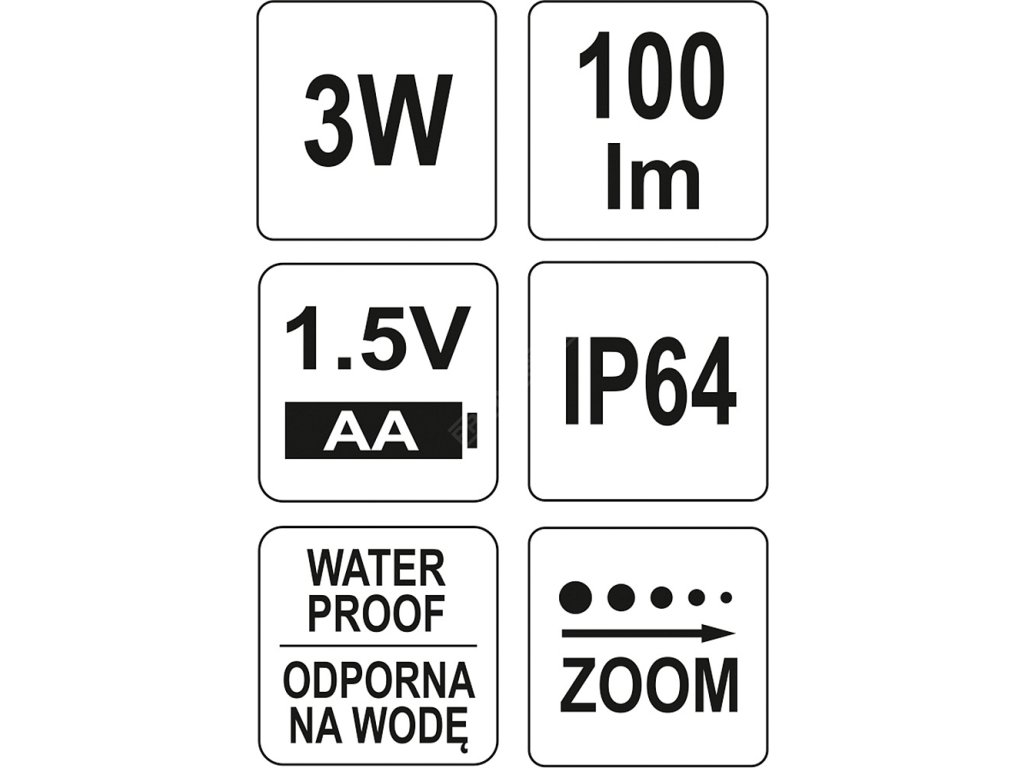 Svítilna kapesní voděodolná IP64, fce ZOOM, 110lm, 1xAA, 100x25mm Yato YT-08571