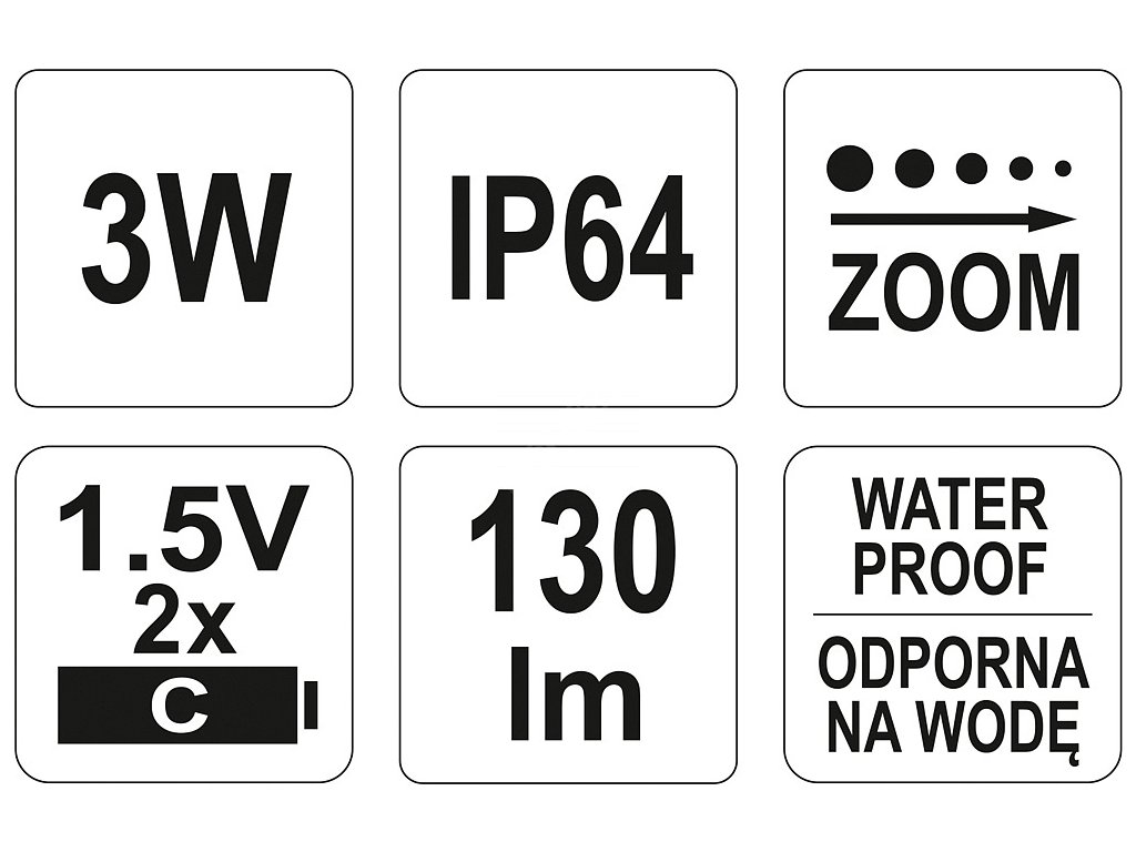 Svítilna BIGGEST voděodolná IP64, fce ZOOM, 130lm, 2xLR14, 228x47mm Yato YT-08577