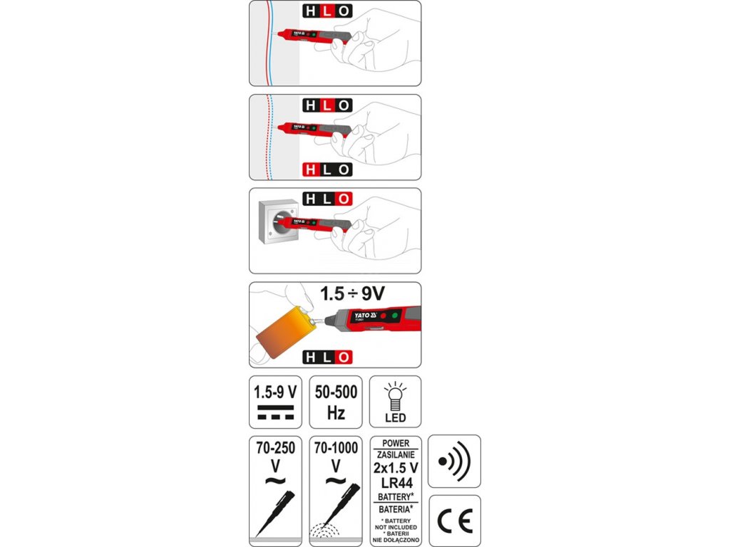 Zkoušečka napětí 70-1000V ~, 1,5-9V = Yato YT-28631
