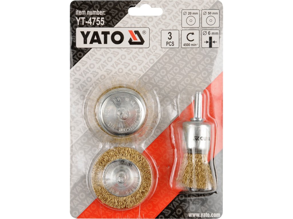 Sada kartáčů drátěných s nástavcem do vrtačky 3 ks mosaz Yato YT-4755