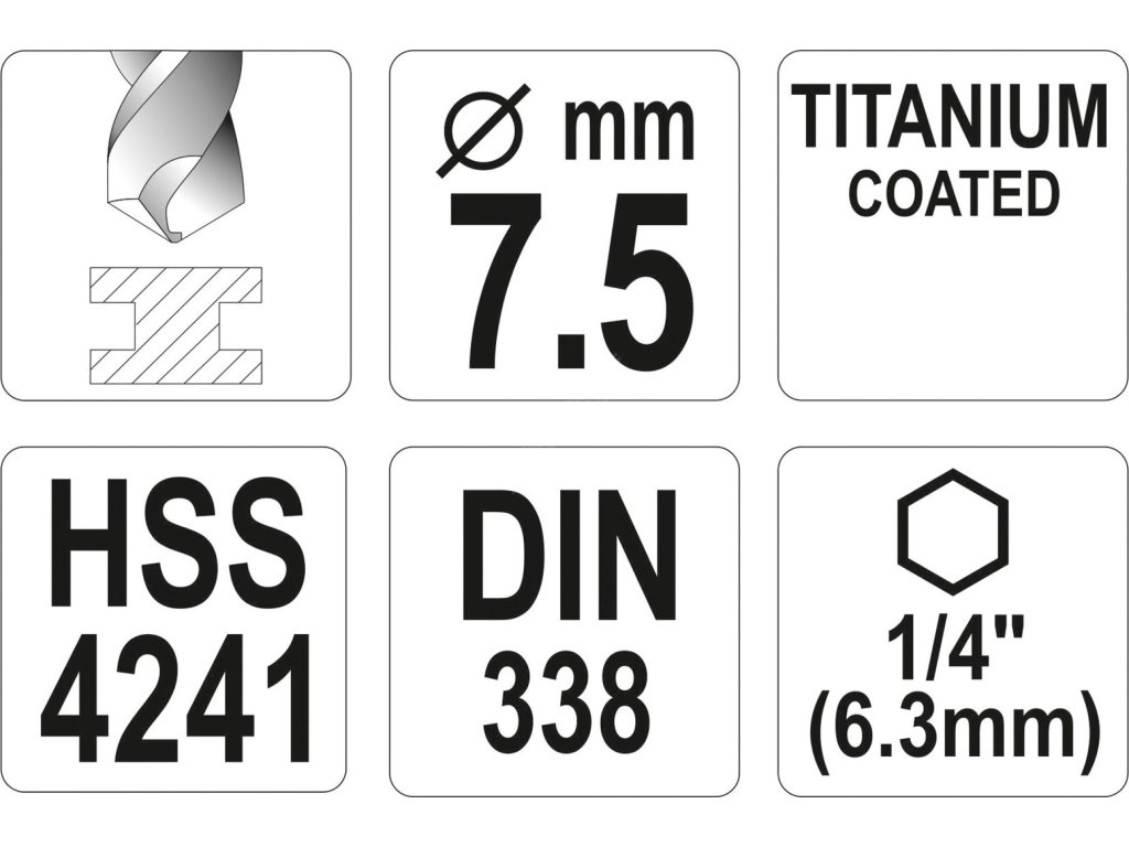 Vrták na kov TITAN 1/4" 7,5mm Yato YT-44767