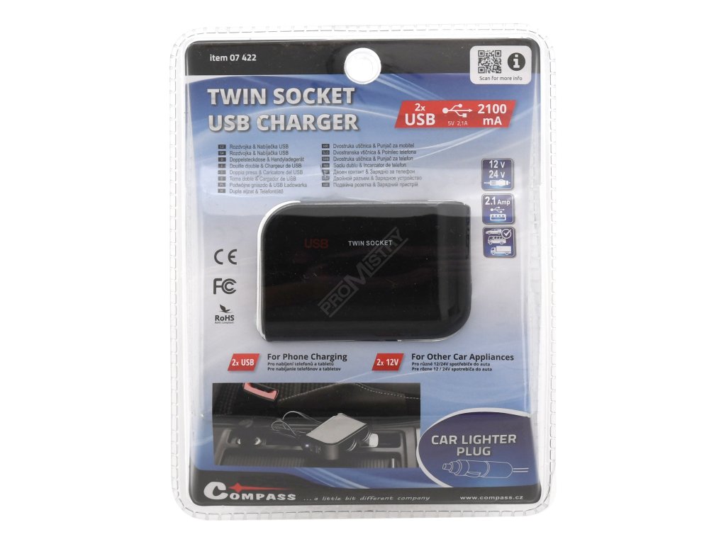 Rozdvojka 12/24V + 2x USB 2100mA Compass 07422