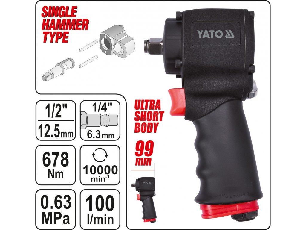Rázový utahovák pneumatický - mini 1/2" 678 Nm Yato YT-09512 + Dárek, servis bez starostí v hodnotě 300Kč