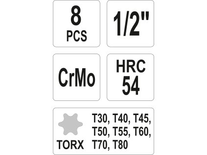 Sada nástavců 1/2"rázové 8 ks T30-T80 torx CrMo