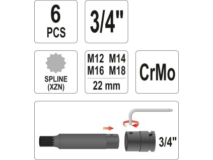 Sada nástavců 3/4"rázové 6 ks M12-M18 vícezubé CrMo