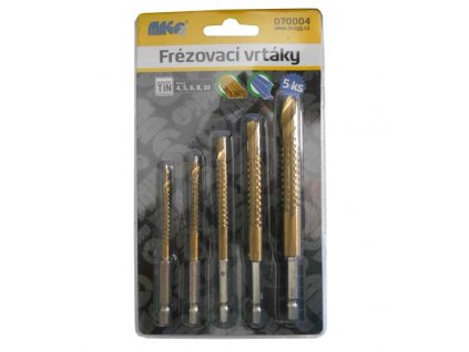 Frézovací vrtáky na dřavo a plast TiN sada - 5 ks (4,5,6,8,10mm)